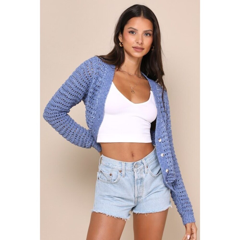 Lulus Breezy Attitude Blue Loose Knit Button-up Cardigan Sweater - Size L